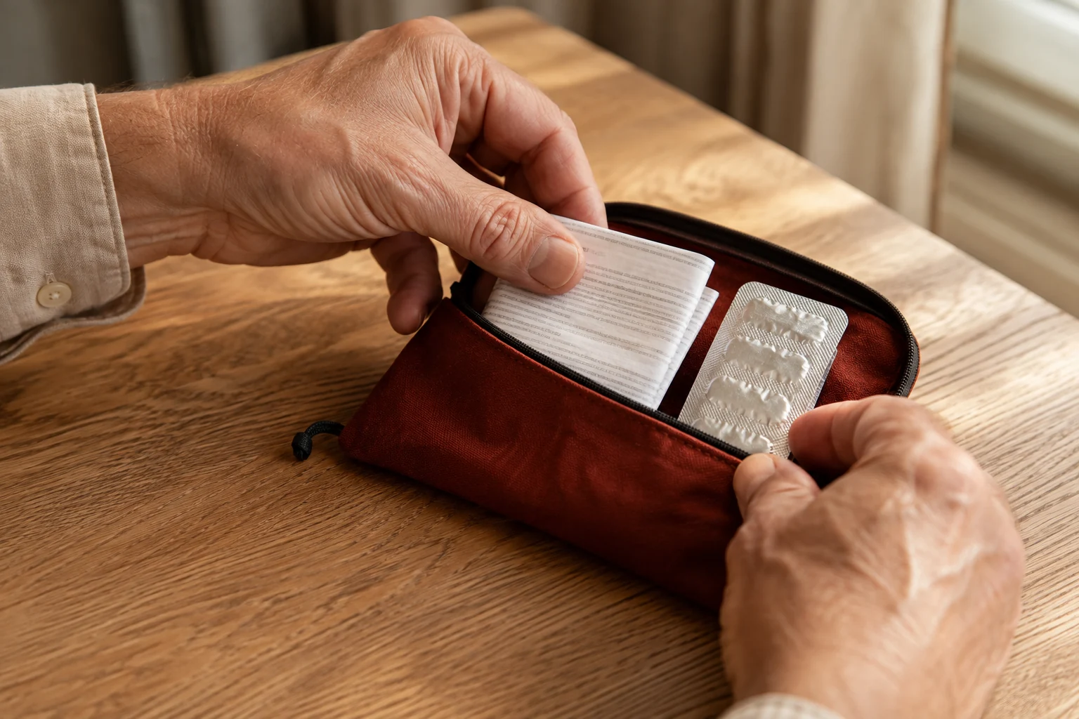 Hands placing a folded medicine leaflet and sealed blister into a travel pouch
