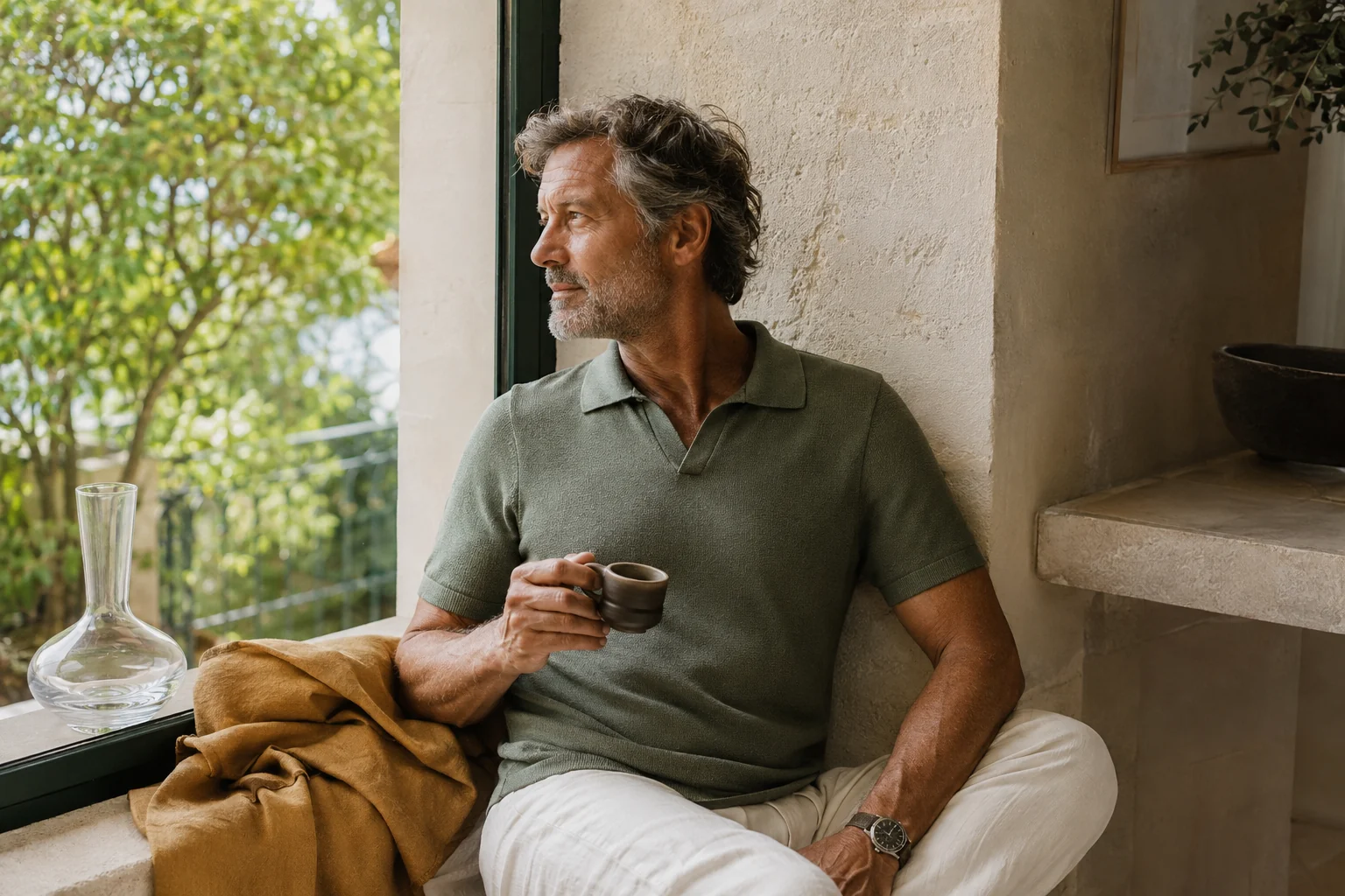 A man holding an espresso cup on a sunlit window seat beside a glass carafe
