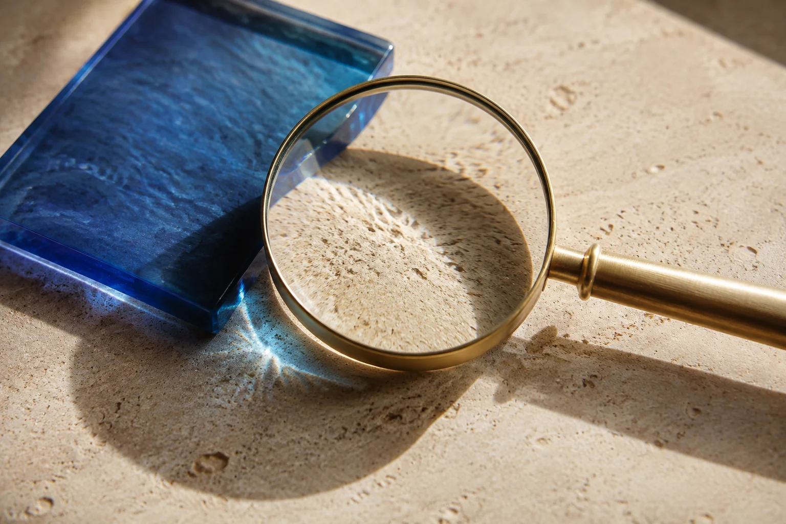 Brass magnifying lens and cobalt glass on textured ivory stone