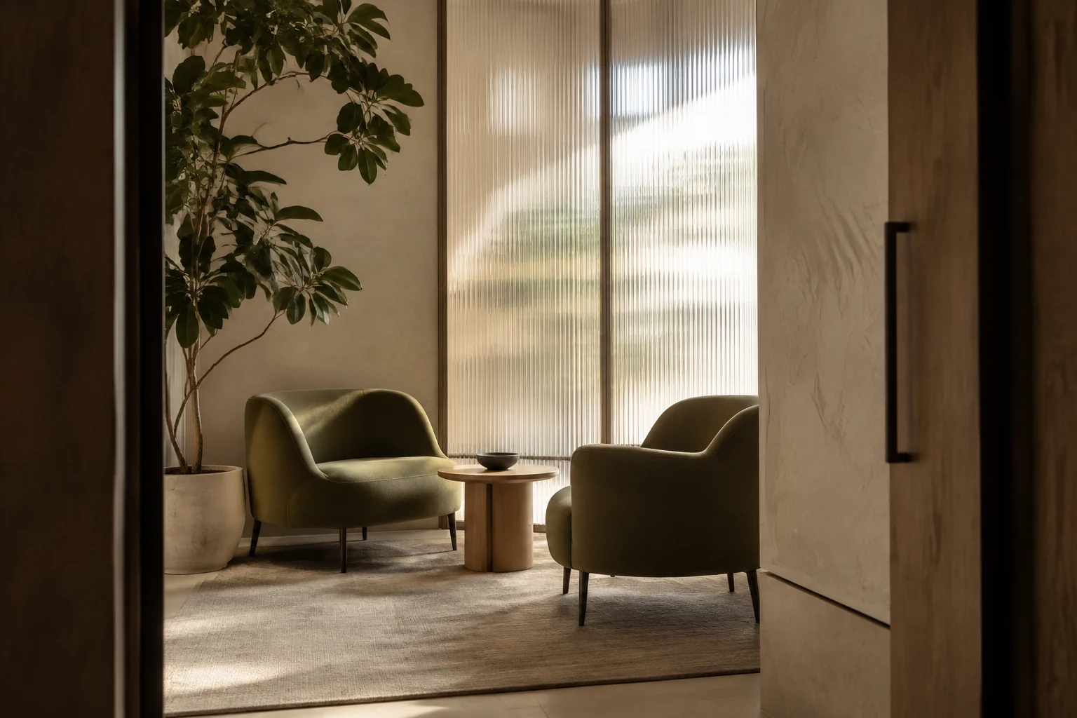 Two lounge chairs arranged for a private conversation beside a softly lit glass partition