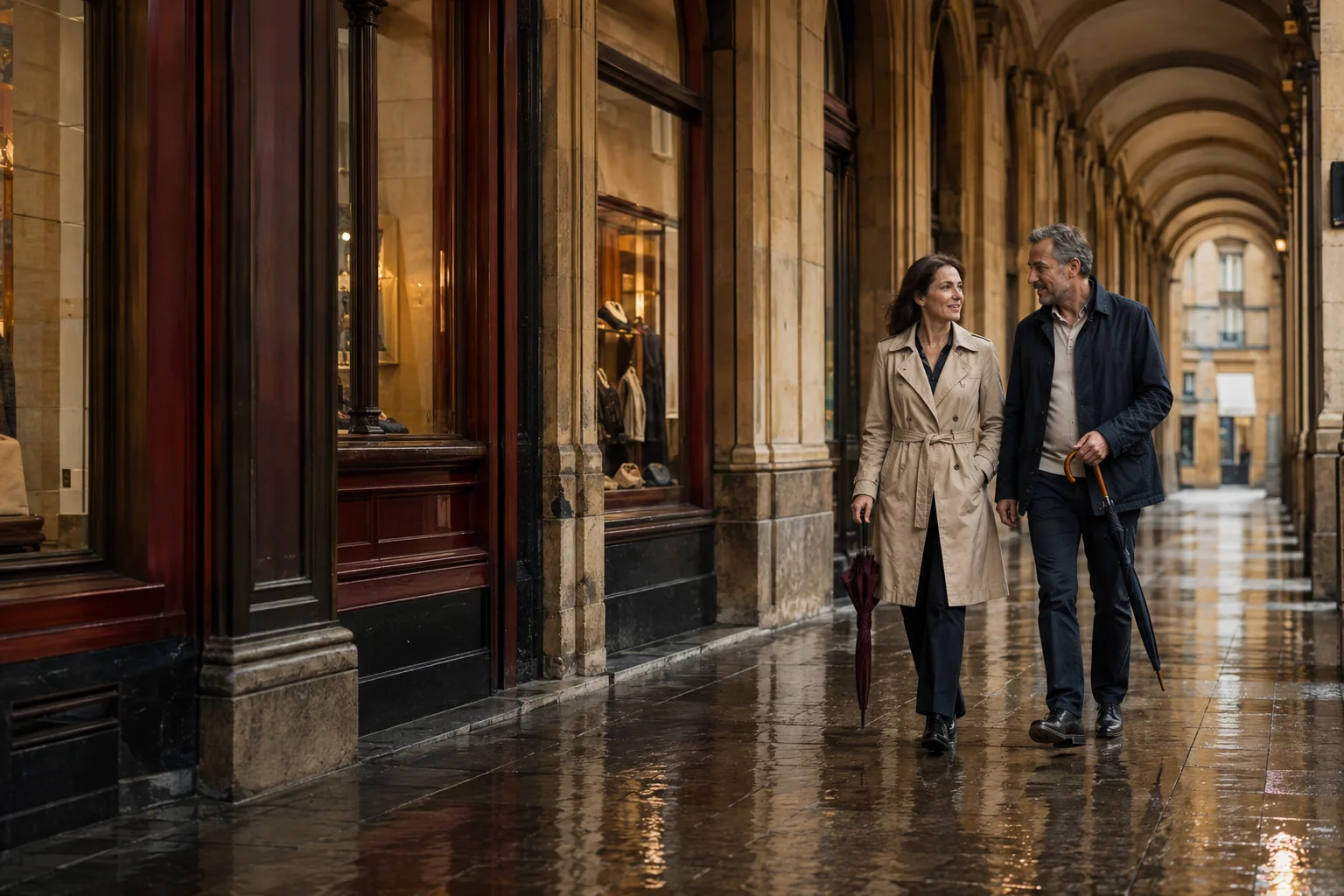An adult couple walking beneath a sandstone city arcade after rain