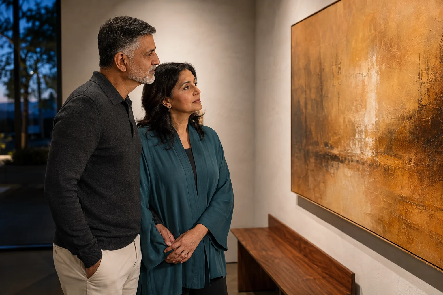 A mature couple enjoying a quiet evening together in an art gallery