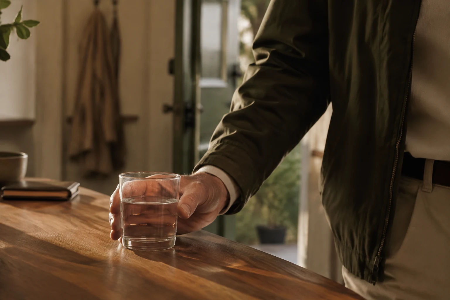 A man's hand picking up a glass of water from a wooden counter in warm evening light