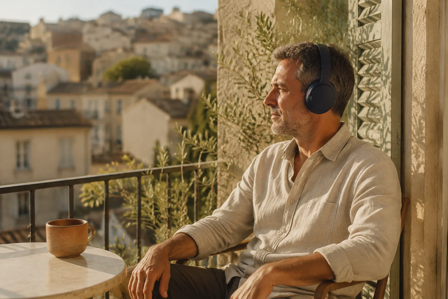 A man listening to music on a sunlit balcony