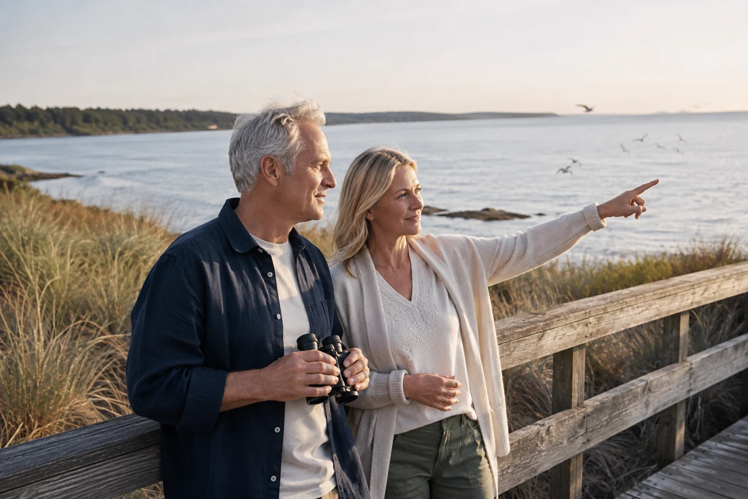 A mature couple watching birds from a coastal boardwalk, with binoculars held at chest level