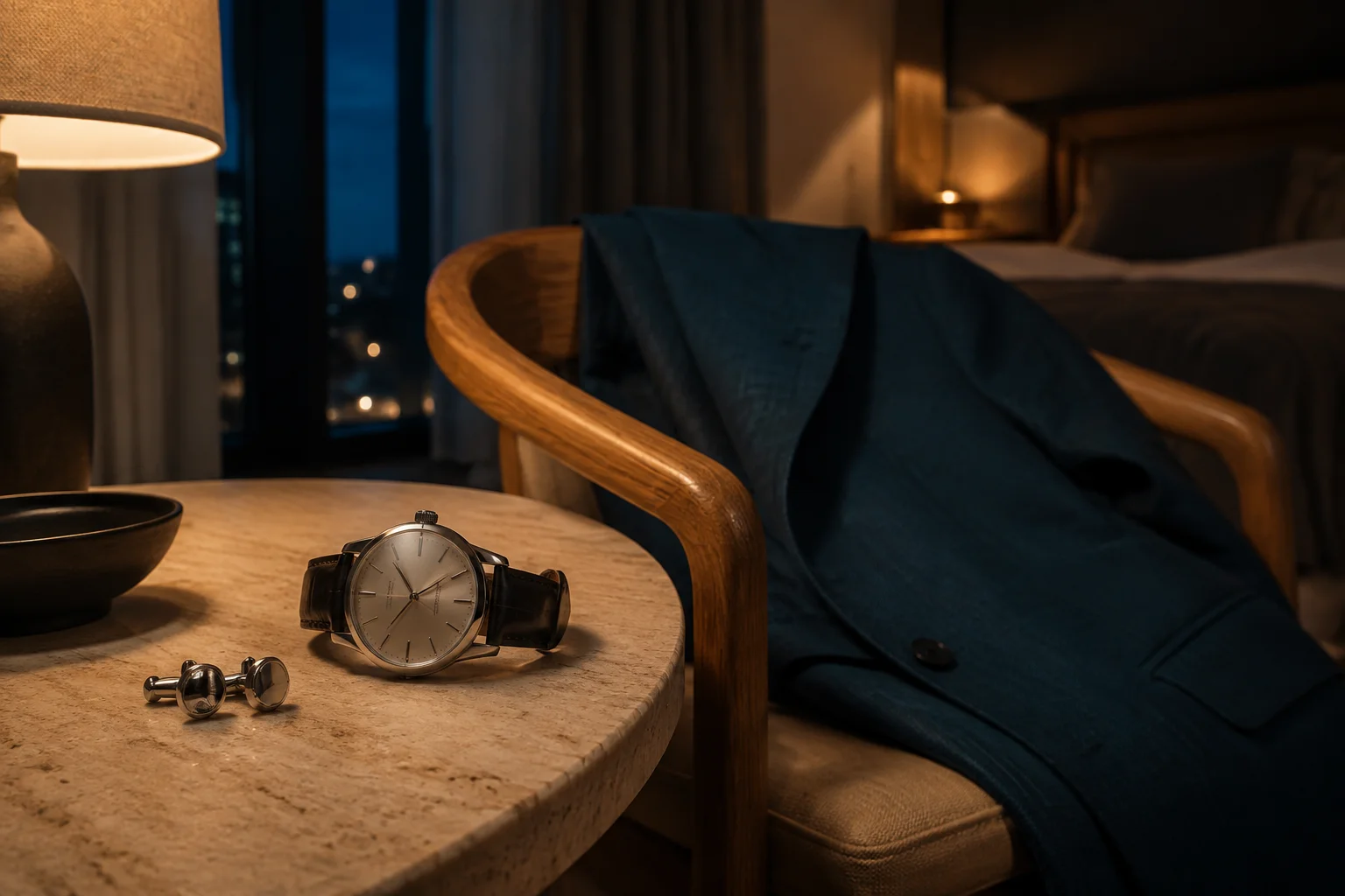 A wristwatch and cufflinks beside a teal jacket in a softly lit room before an evening out