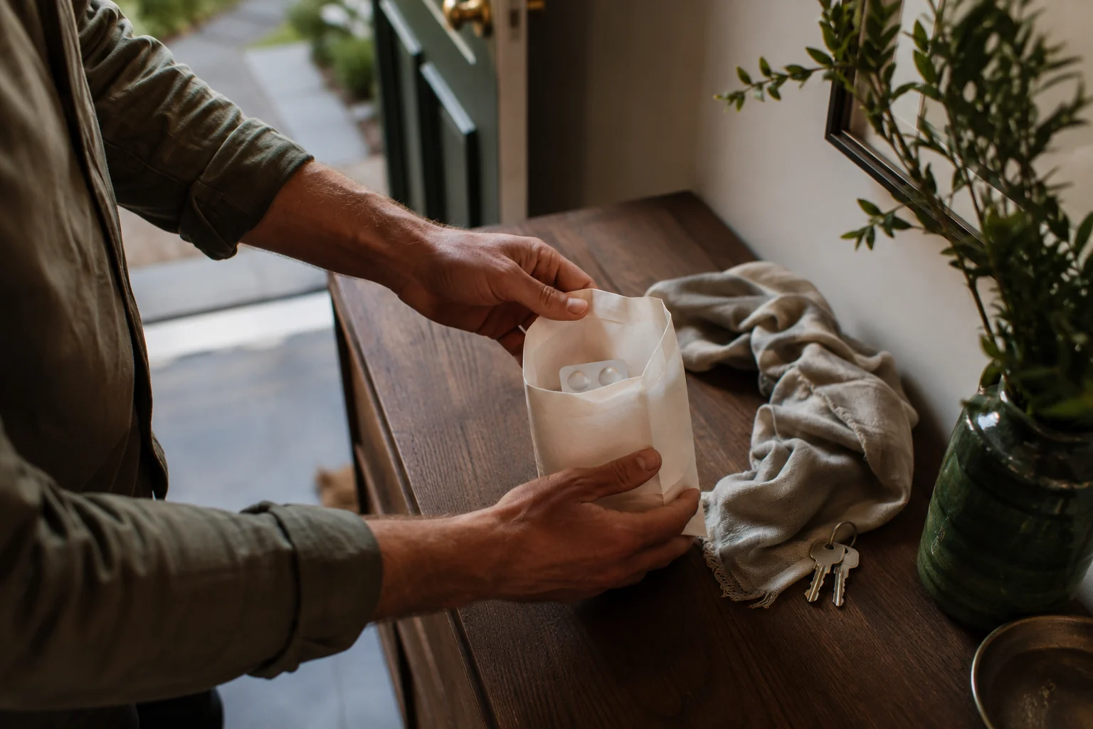 A man's hands holding an unbranded pharmacy bag beside his keys on a hallway table