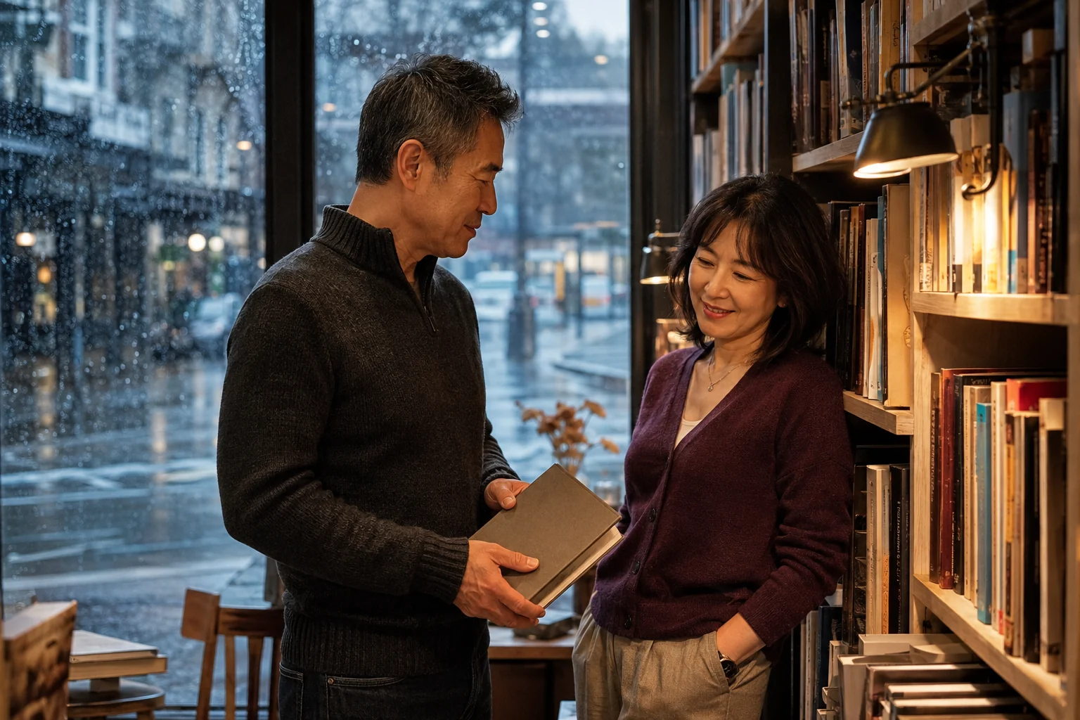 A mature couple choosing a book together in a warmly lit bookshop on a rainy afternoon