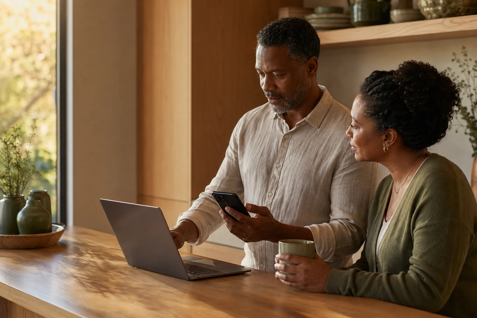 Couple comparing purchase options on a laptop and phone at a sunlit kitchen island