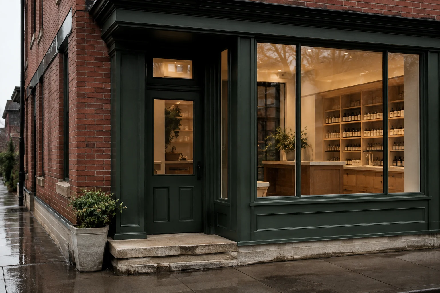 Illustrative street-level pharmacy storefront with green frames and warm interior light