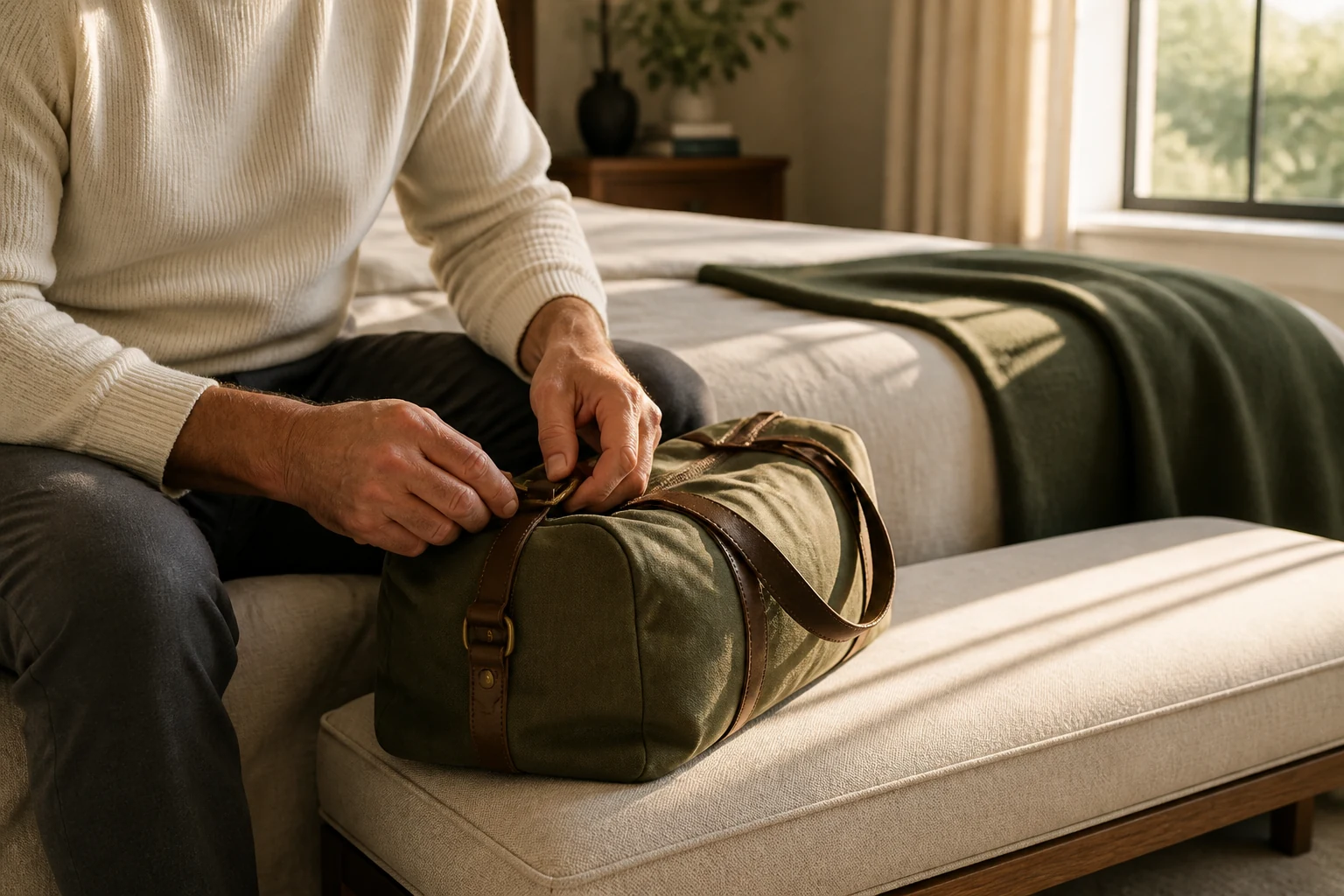 An adult man fastening an olive canvas weekend bag on a bench in a softly lit bedroom
