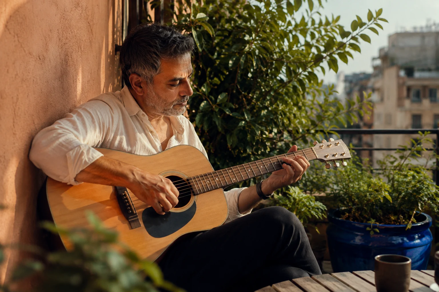 A man playing an acoustic guitar on a sunlit balcony with leafy plants