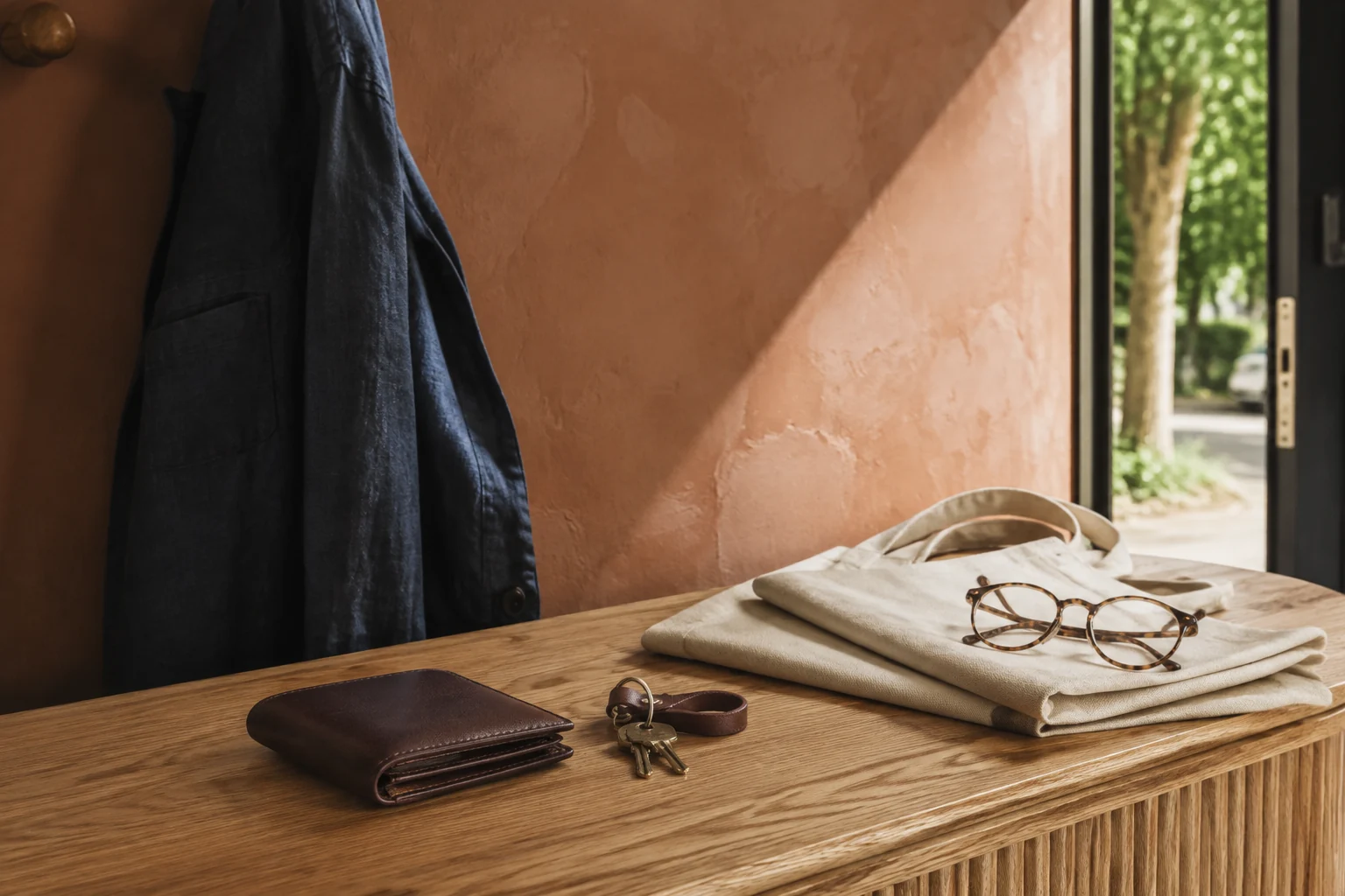 Wallet, keys and a reusable bag arranged on an oak console beside an open doorway