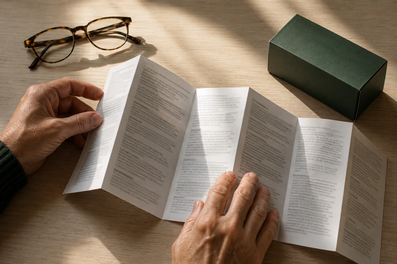 Hands unfolding a medicine information leaflet beside an unbranded green carton and reading glasses