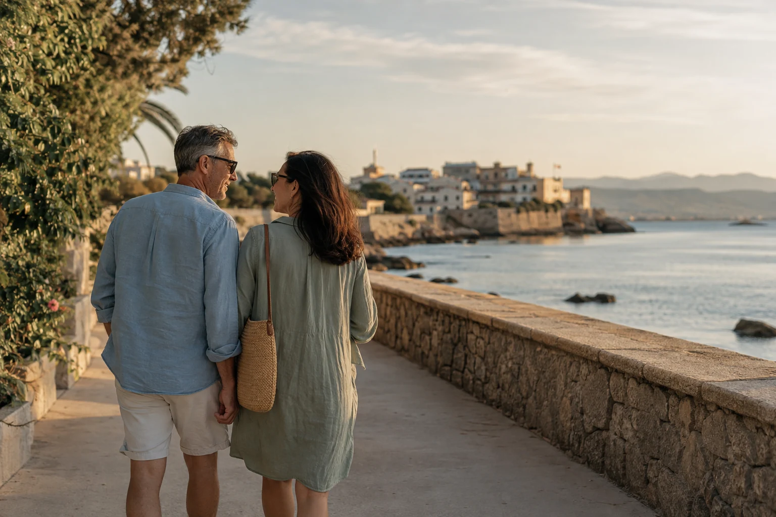 An adult couple walking beside the sea on a quiet coastal promenade