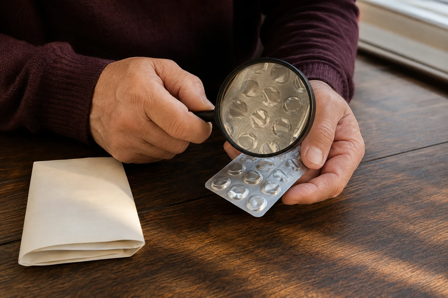 An adult examining the foil of a sealed blister through a magnifying glass