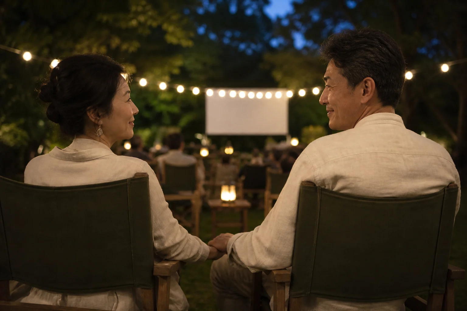A mature couple holding hands in adjacent chairs at an open-air garden cinema