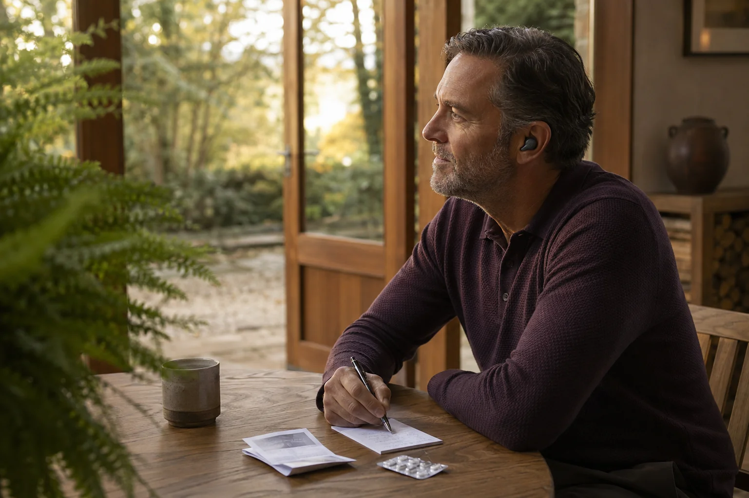 Man listening during an audio appointment in a garden studio with a medicine leaflet on the table