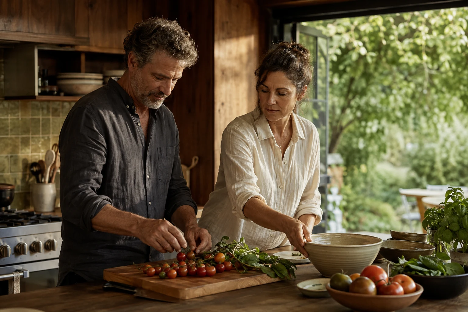 A mature couple preparing tomatoes and serving dishes together in a sunlit kitchen