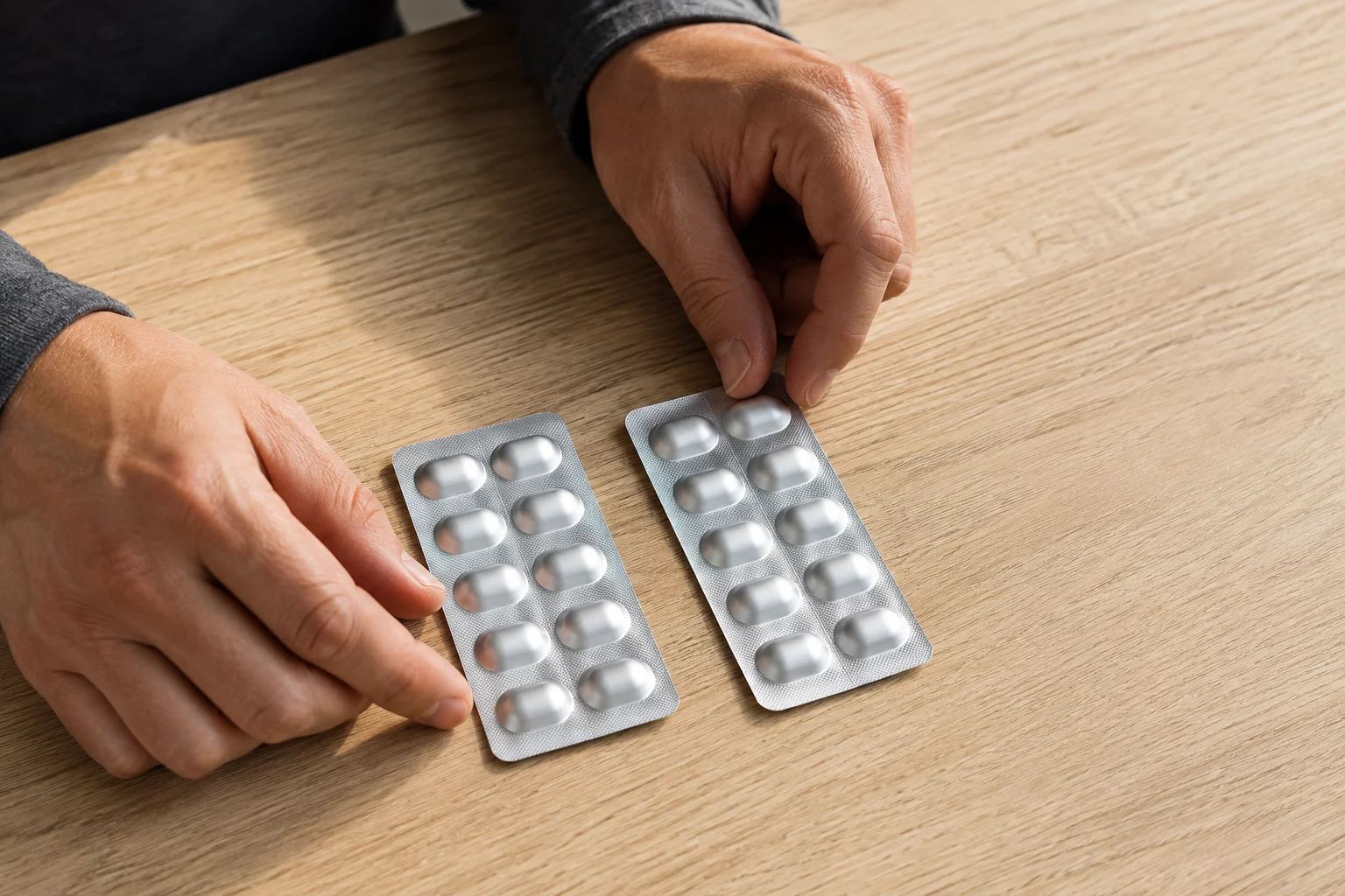 Hands placing two unlabelled medicine blister strips side by side