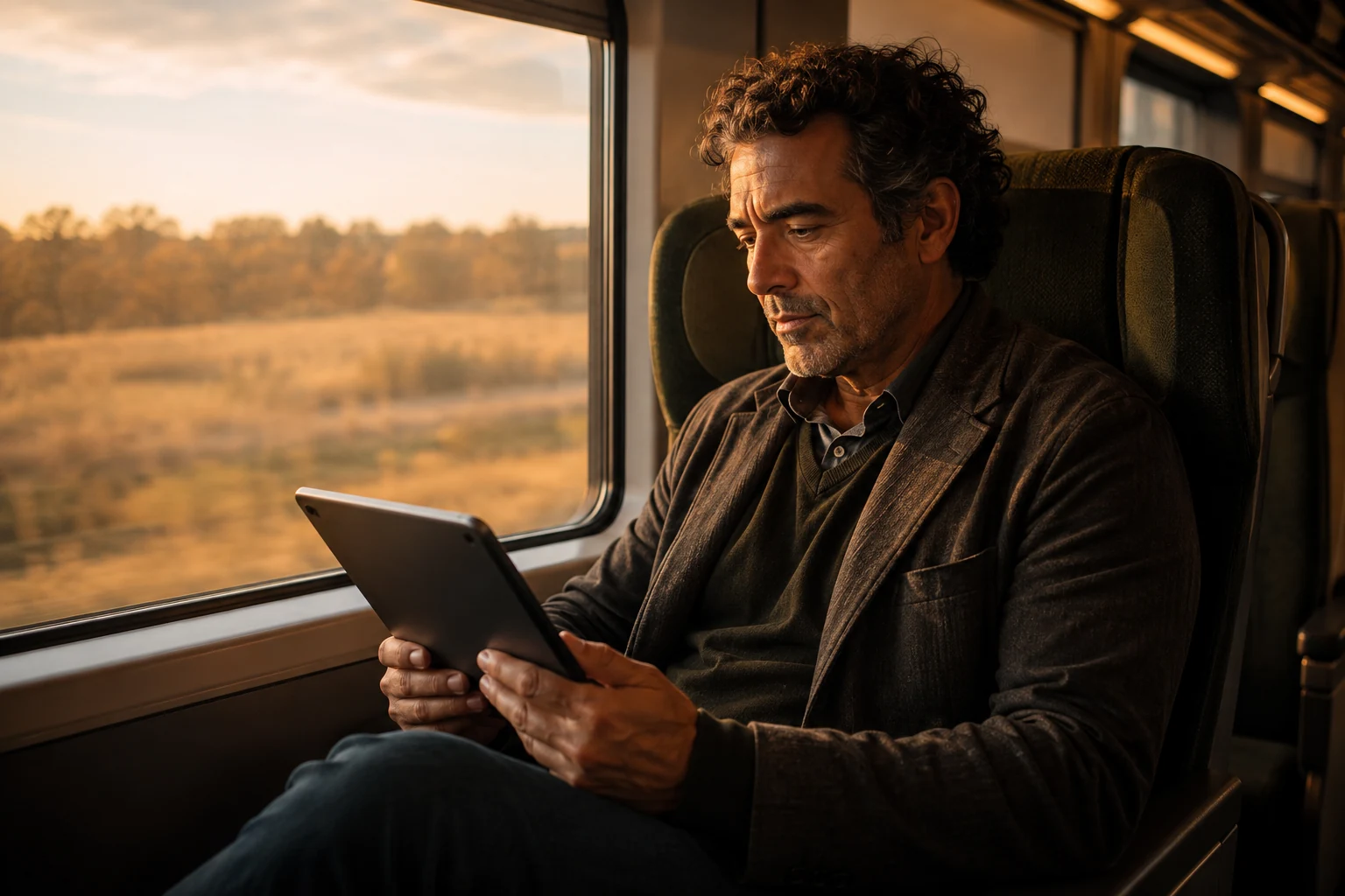 Man reading a tablet beside a sunlit train window