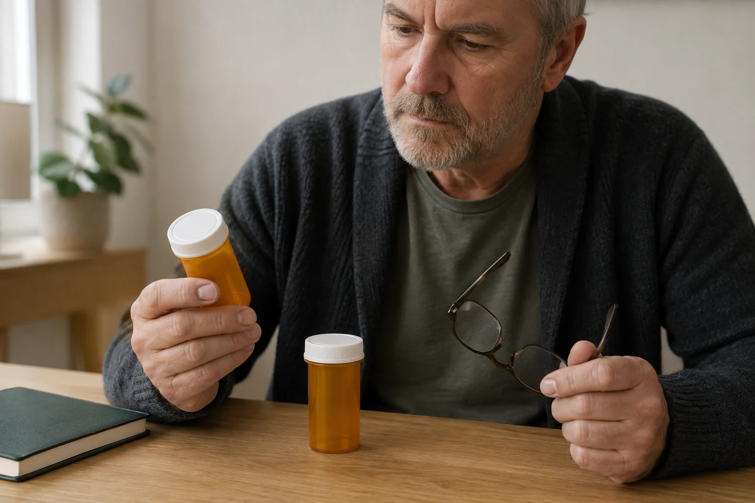 An older man comparing two closed prescription bottles while holding reading glasses
