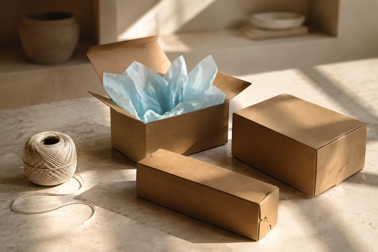 Plain kraft cartons with pale blue tissue paper and cotton string on a sunlit stone counter