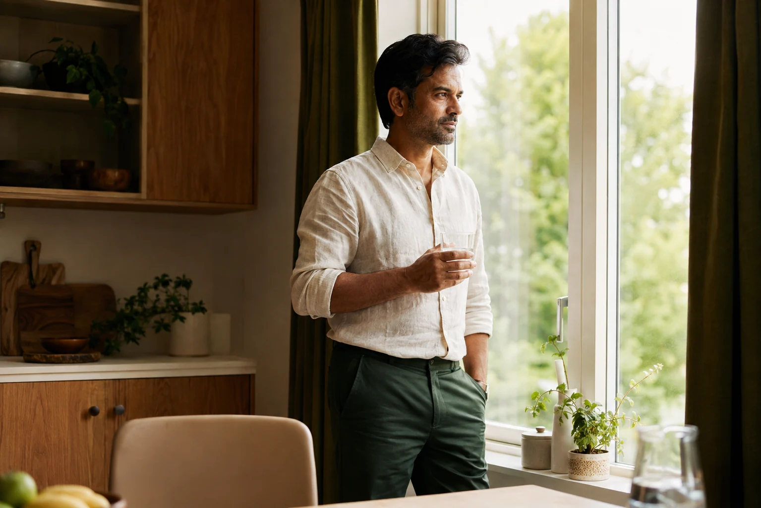 Man in a cream linen shirt holding a glass beside a sunlit kitchen window