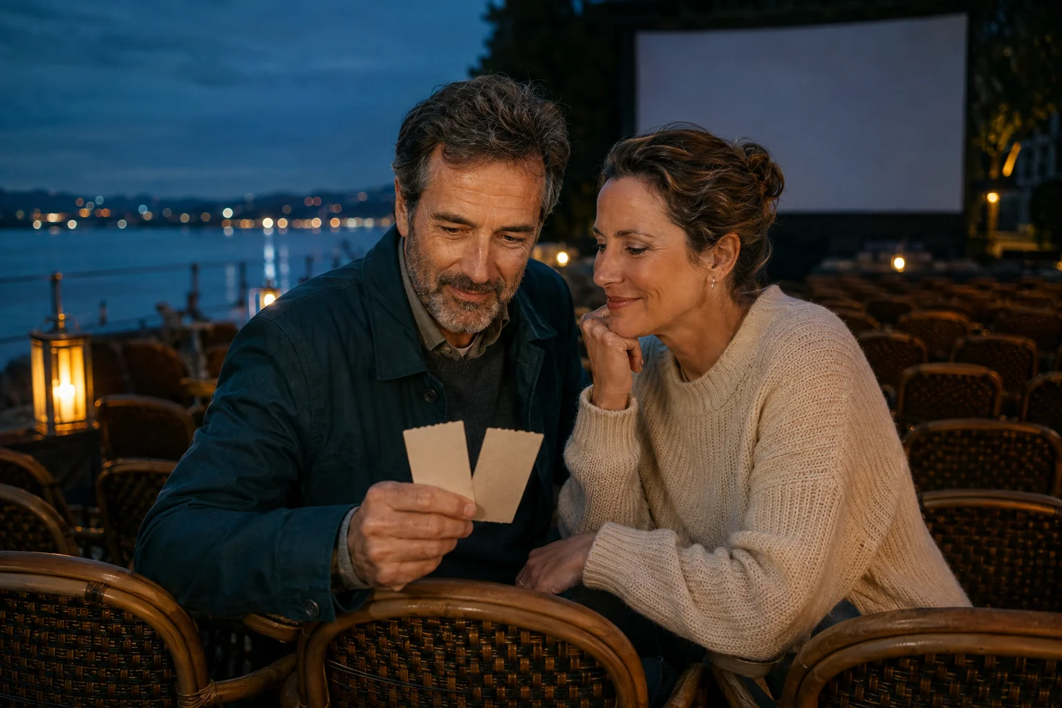 Mature couple choosing their evening plans with cinema tickets on a waterfront terrace