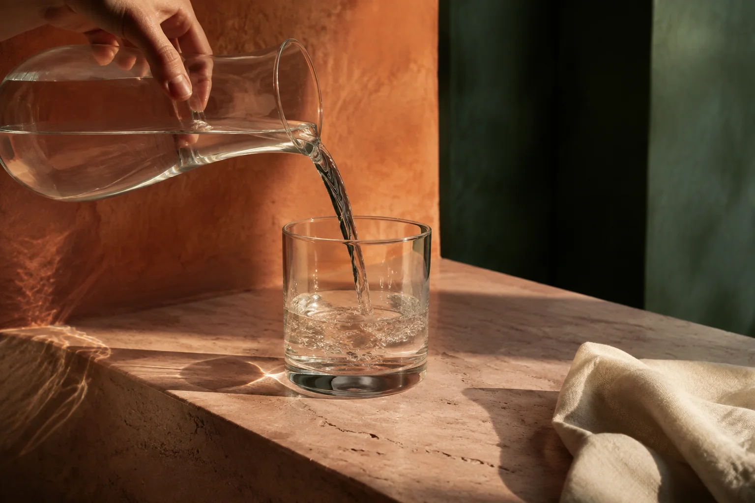 Clear water being poured into a glass on a sunlit stone shelf