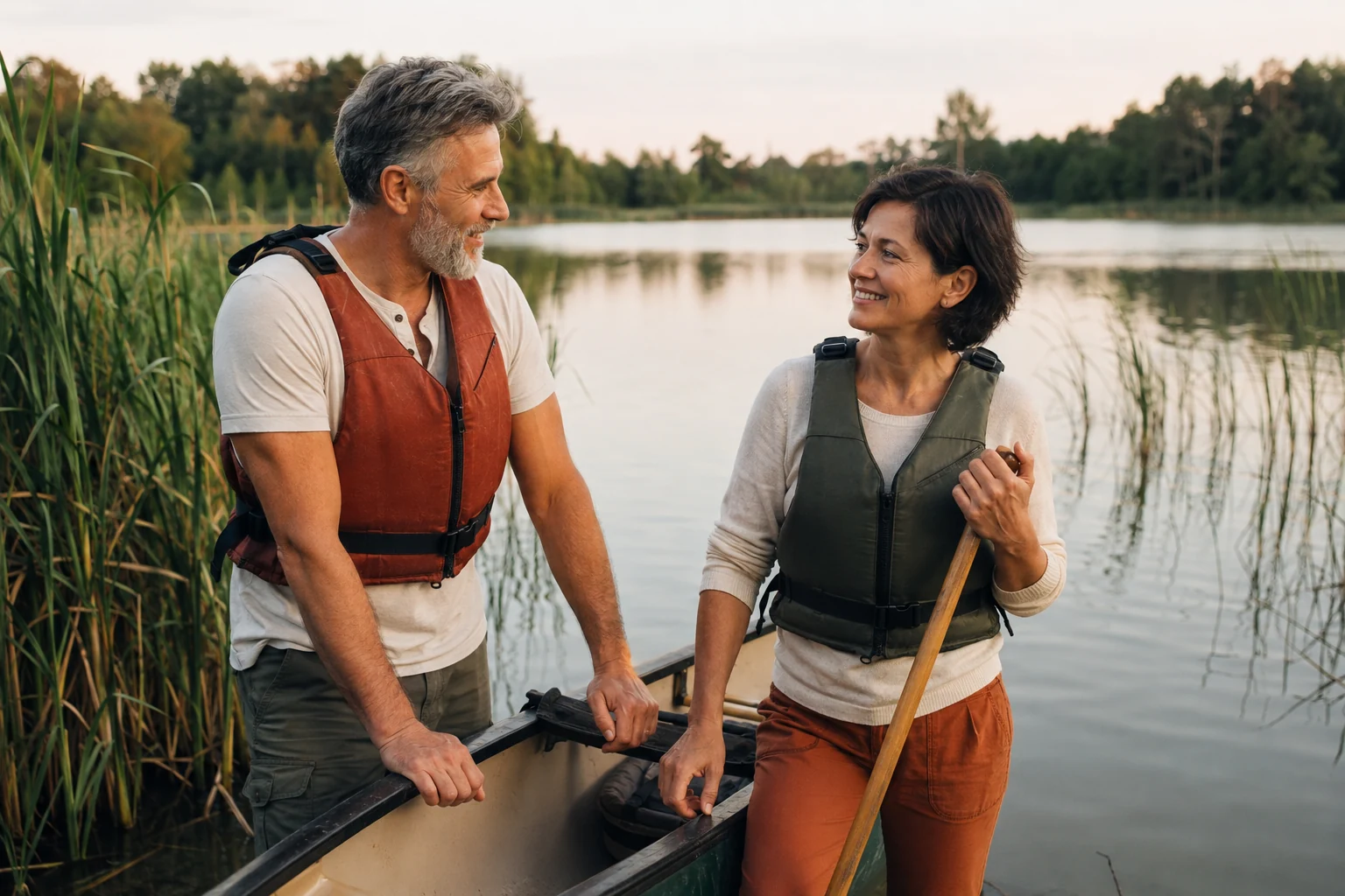 A mature couple talking beside a canoe at a quiet lake, wearing life jackets