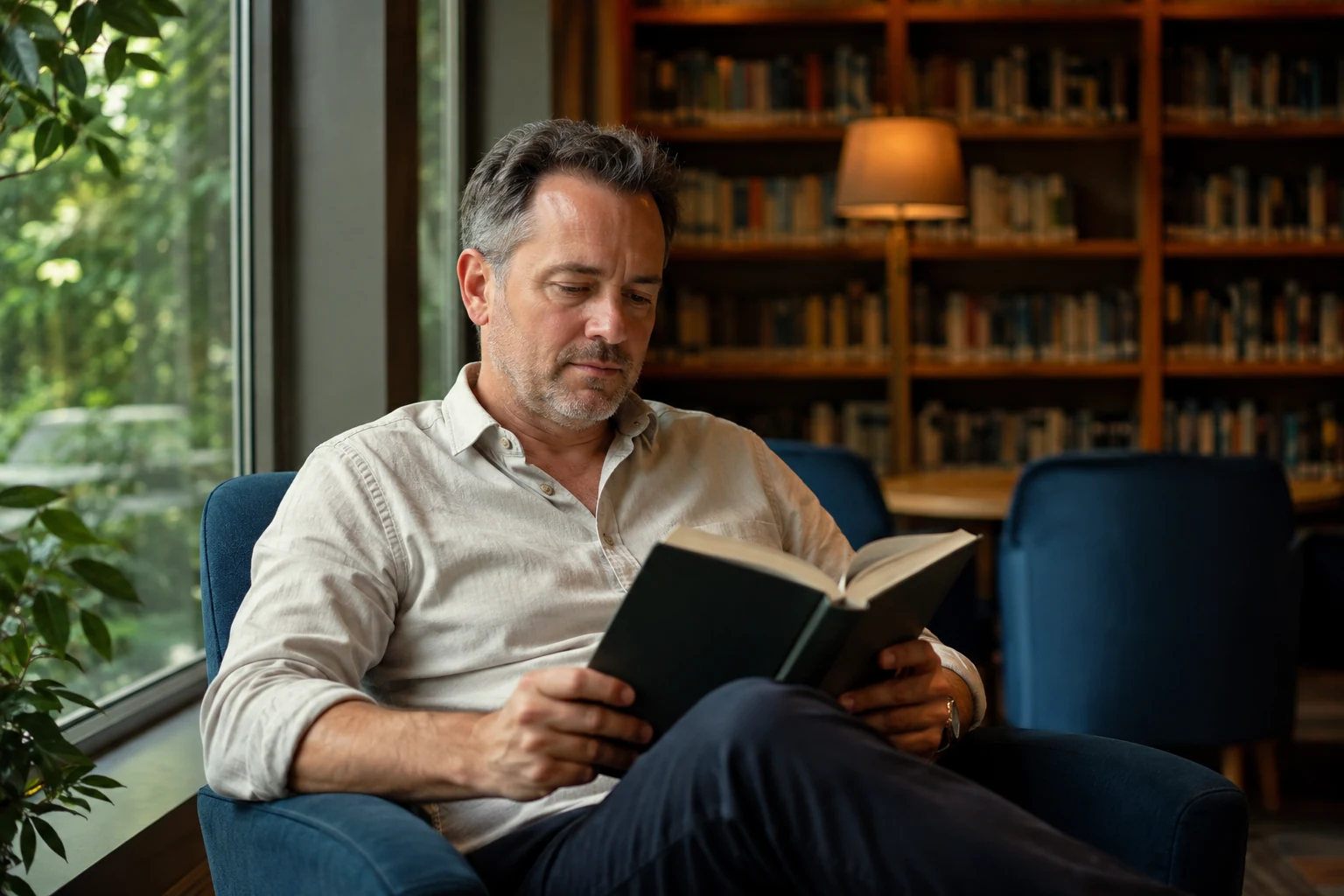 A man reading quietly in a blue armchair beside a library window