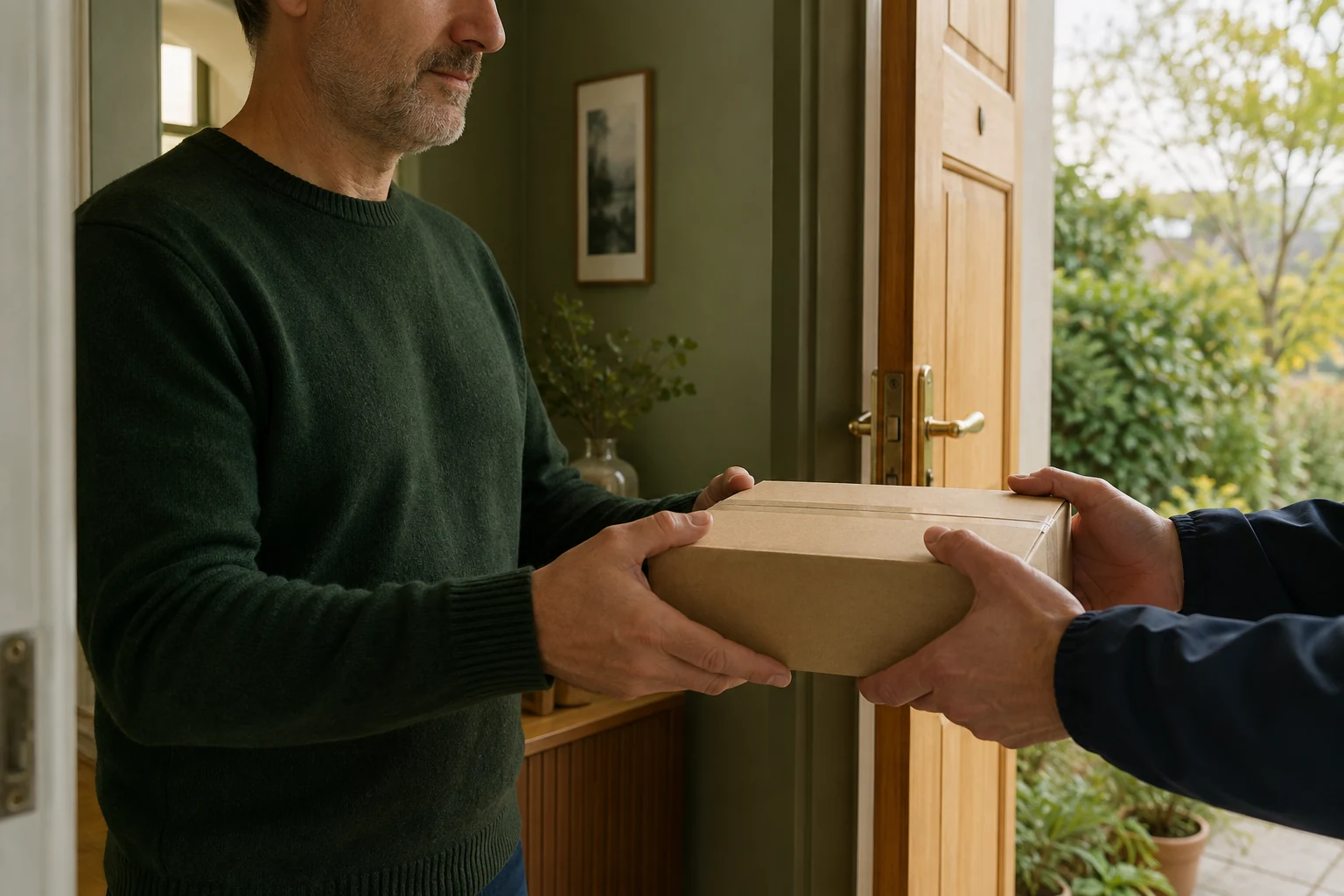 Man receiving a closed plain parcel at his front door
