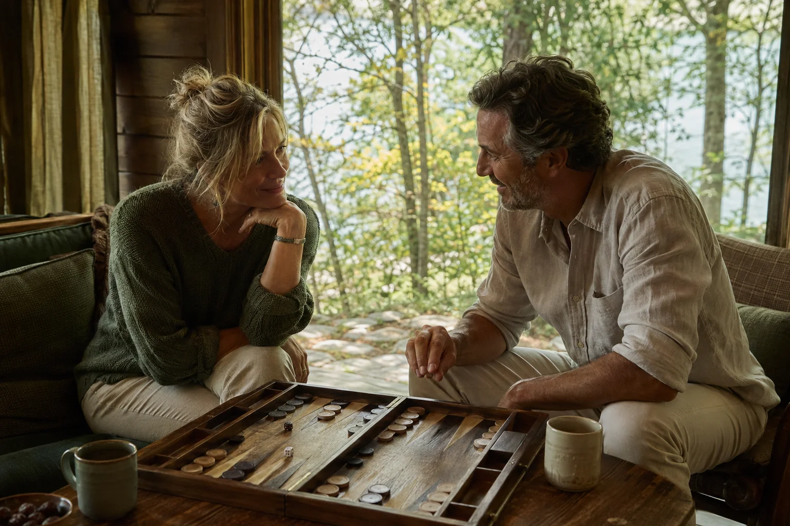 Mature couple playing backgammon beside an open window in a forest cabin