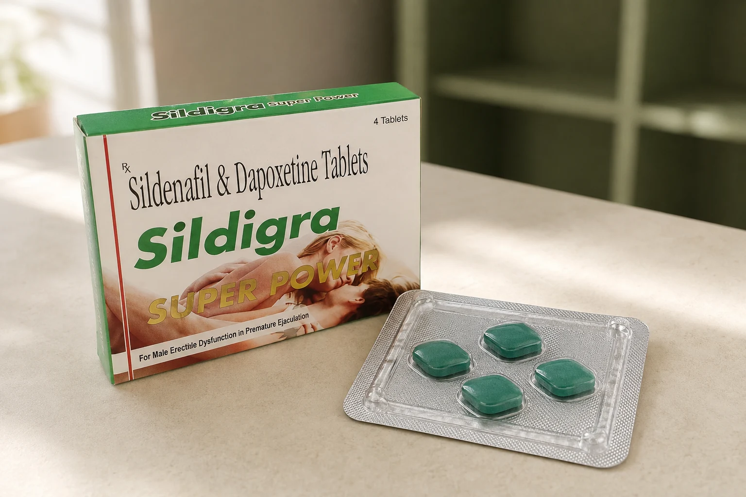 Sildigra Super Power carton beside a four-tablet green blister