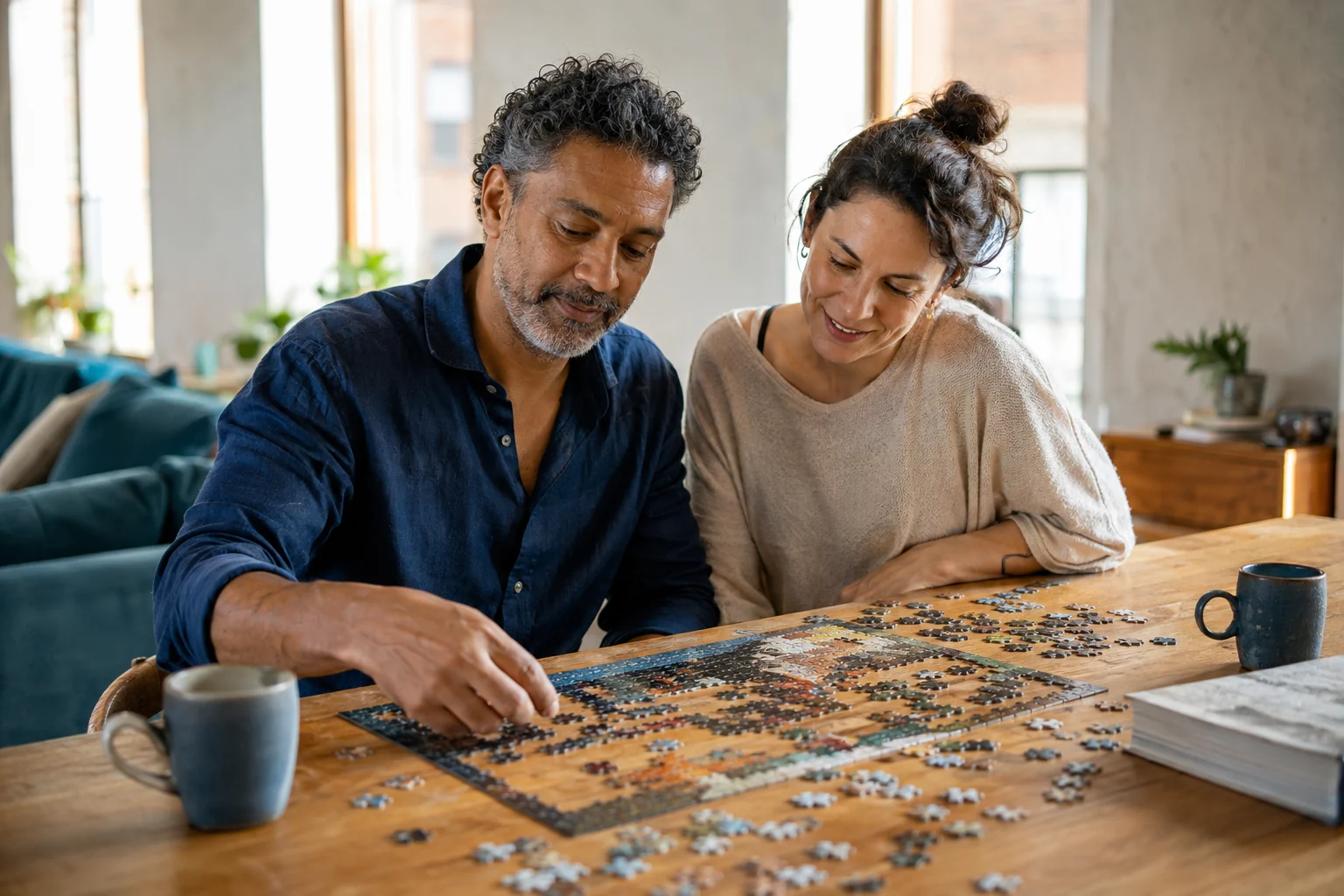 A couple spending a relaxed afternoon assembling a jigsaw puzzle together