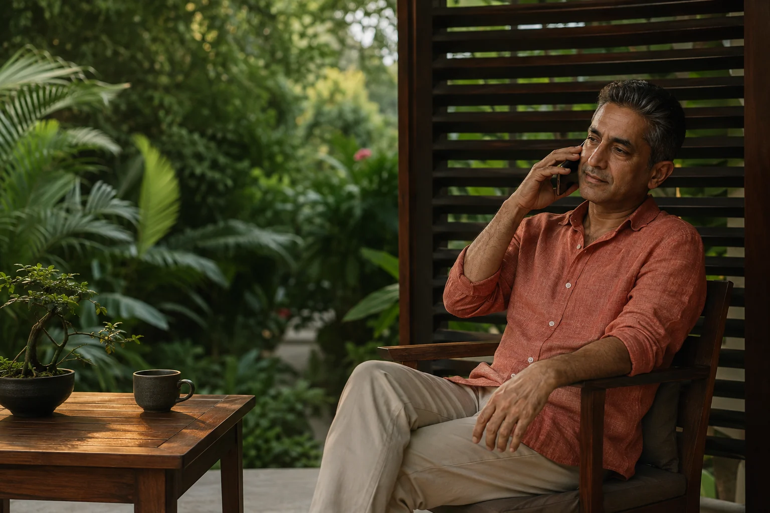 A mature man having a quiet phone conversation on a private garden veranda