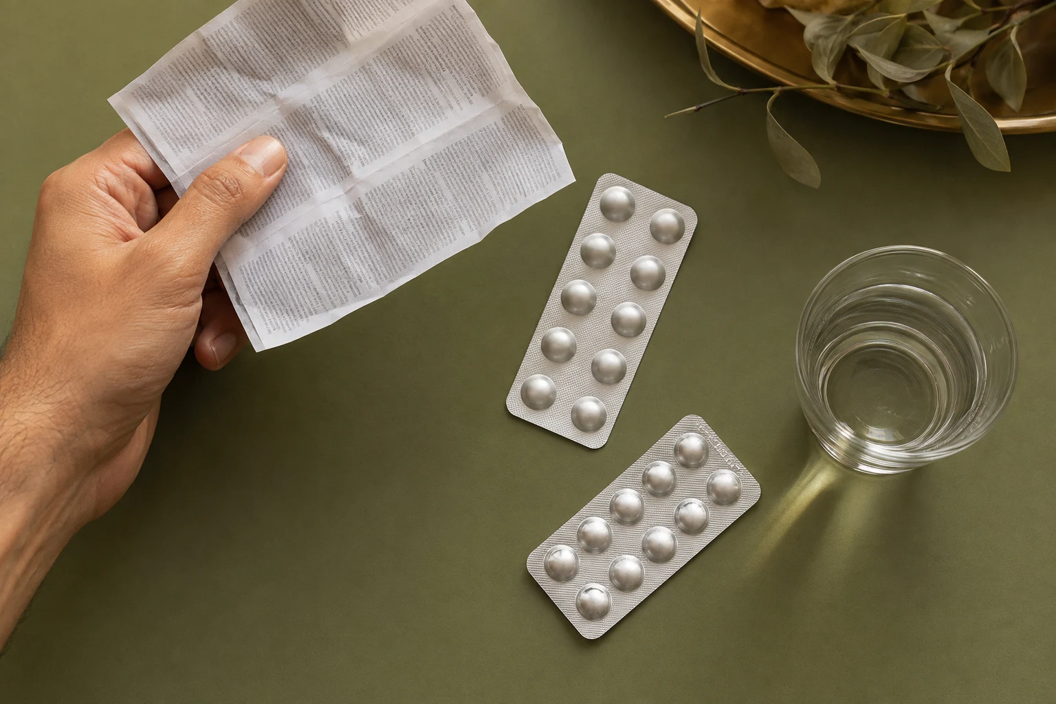 Hand holding a medicine leaflet beside two silver blister packs and a glass of water