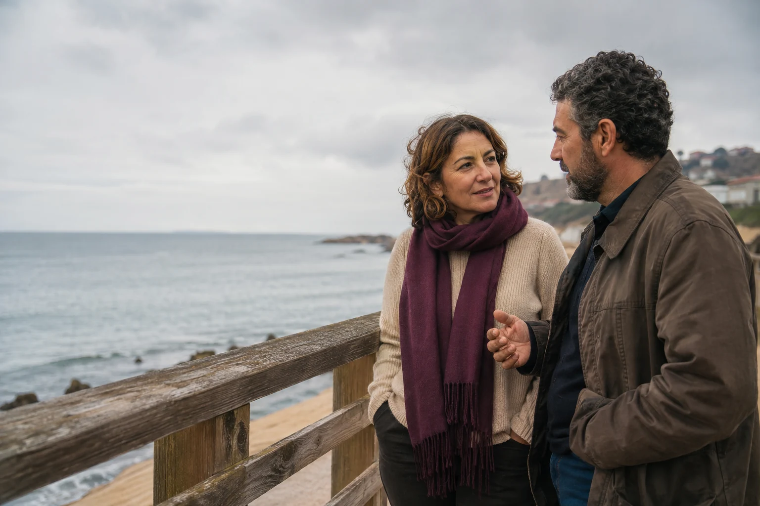A mature couple talking attentively beside a quiet coastal boardwalk