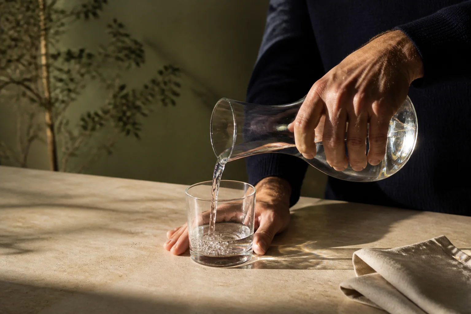 Hands pouring water into a glass beside a folded linen napkin