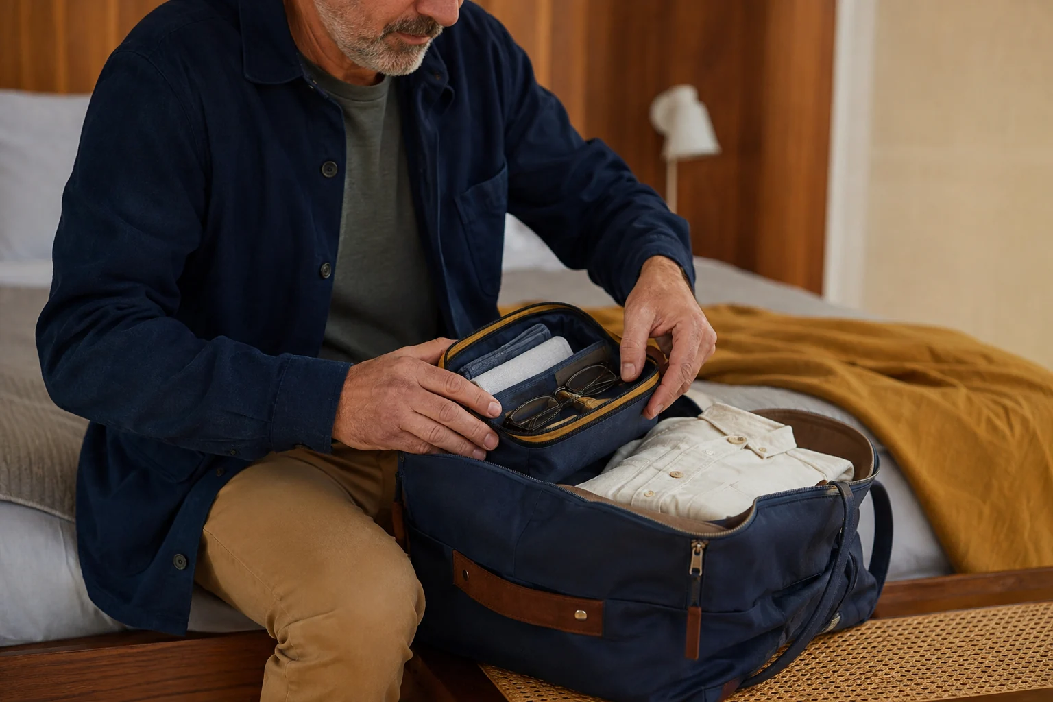 A man packing a compact fabric organiser into a navy overnight bag