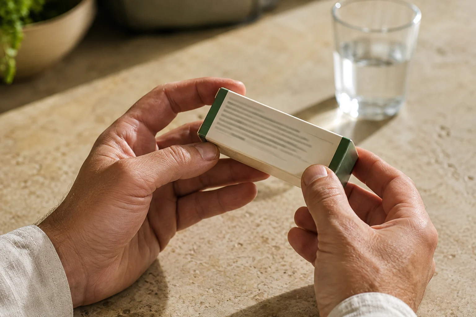 Hands turning an ivory medicine carton to inspect its side panel beside a stone counter