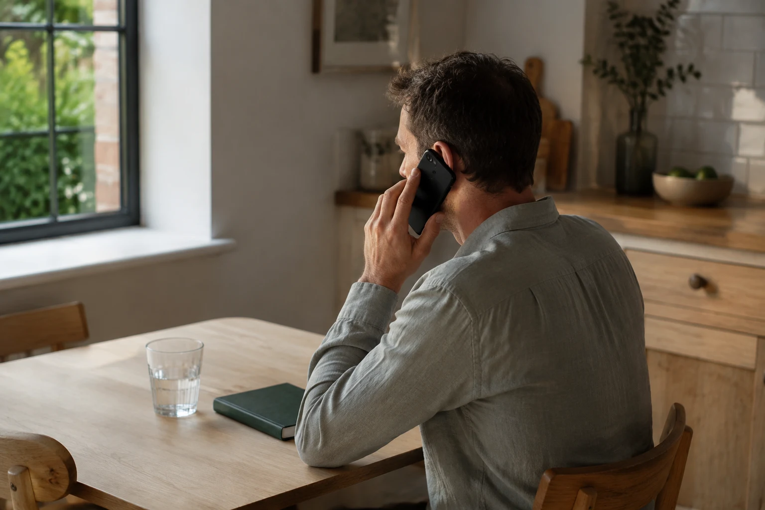 Man having a private phone conversation at a kitchen table