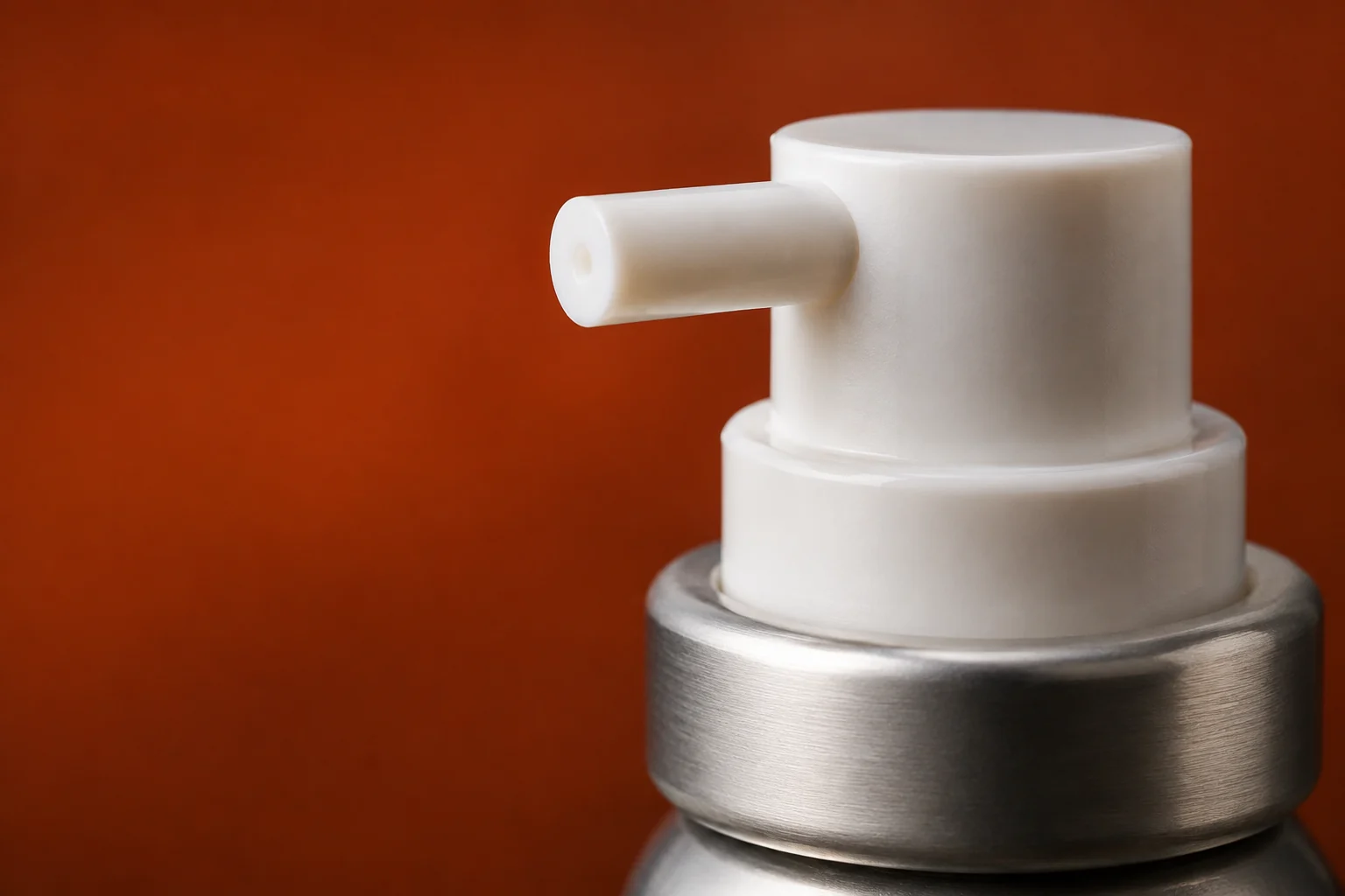 Editorial macro photograph of an unbranded topical spray nozzle against a warm rust background