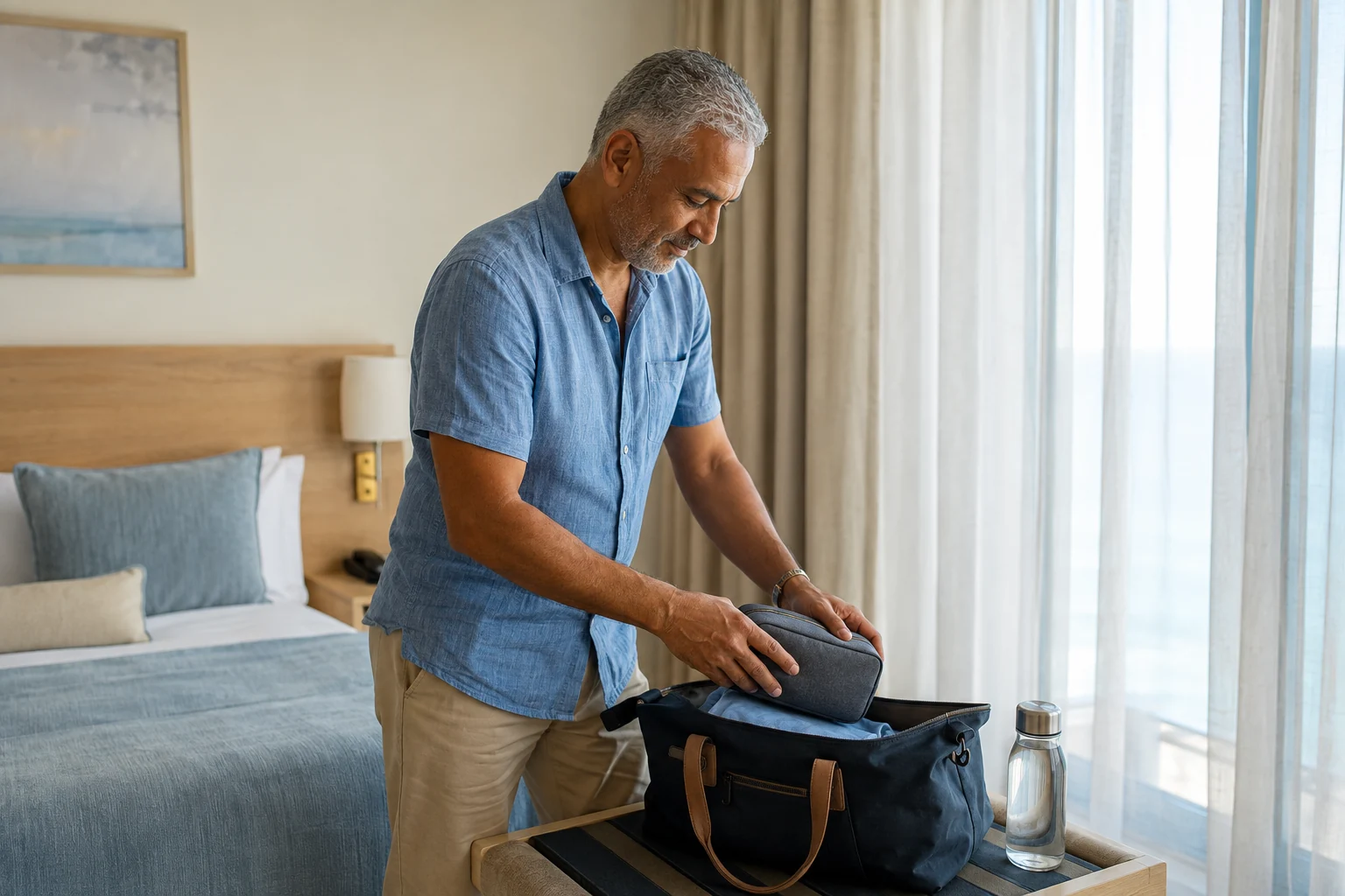 Man placing a toiletry pouch into a weekend bag beside a water bottle
