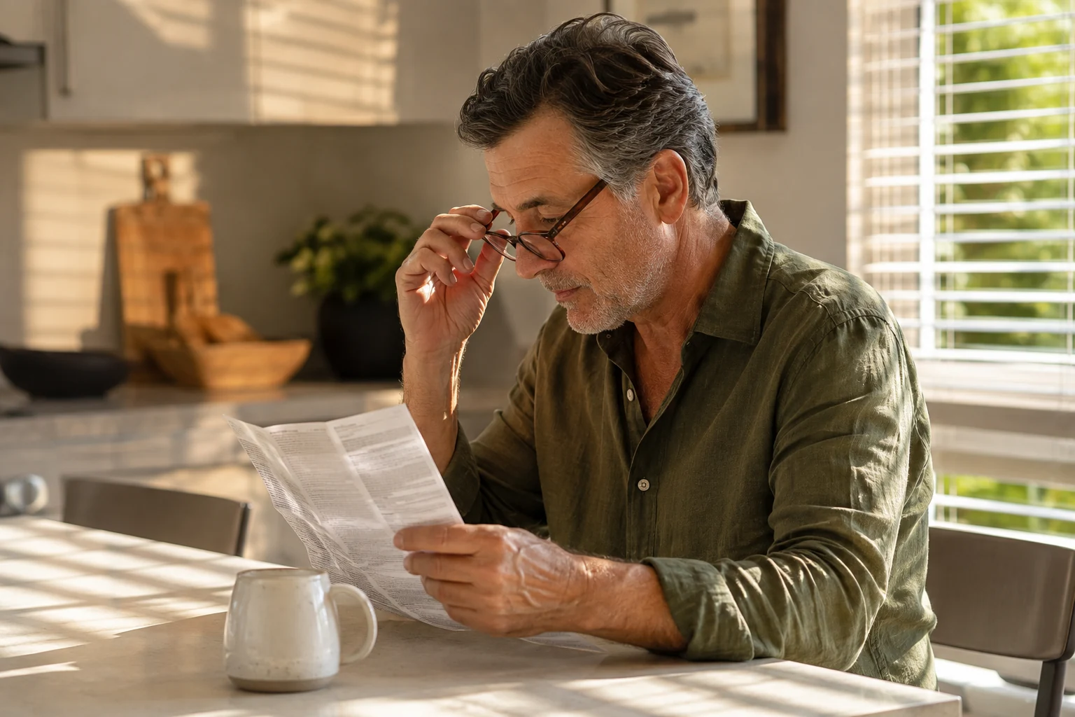 Man wearing reading glasses studying a folded medicine leaflet at a sunlit kitchen counter