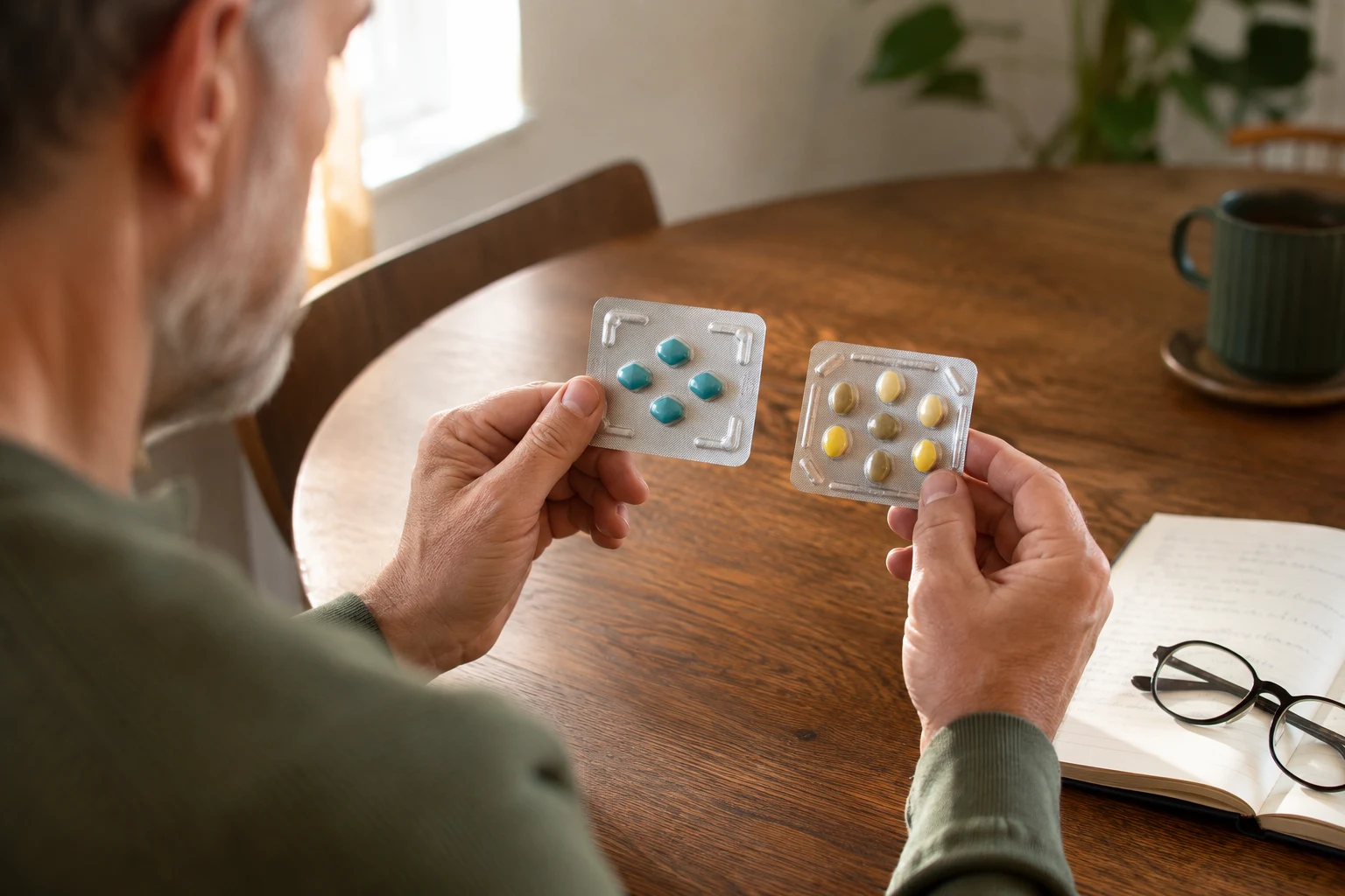 Man comparing two sealed medication blister strips at a dining table