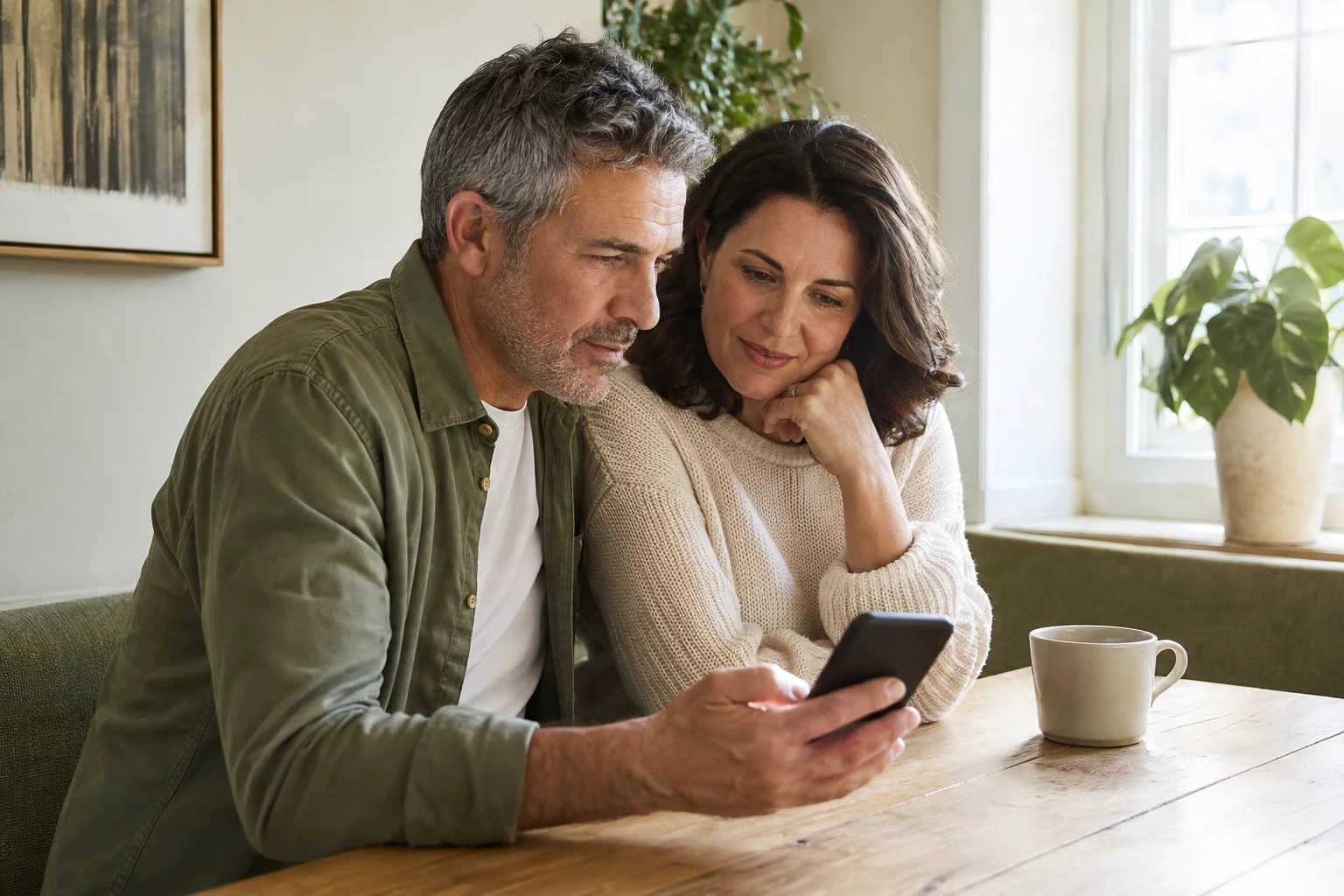 A couple reading a smartphone together at a sunlit dining table