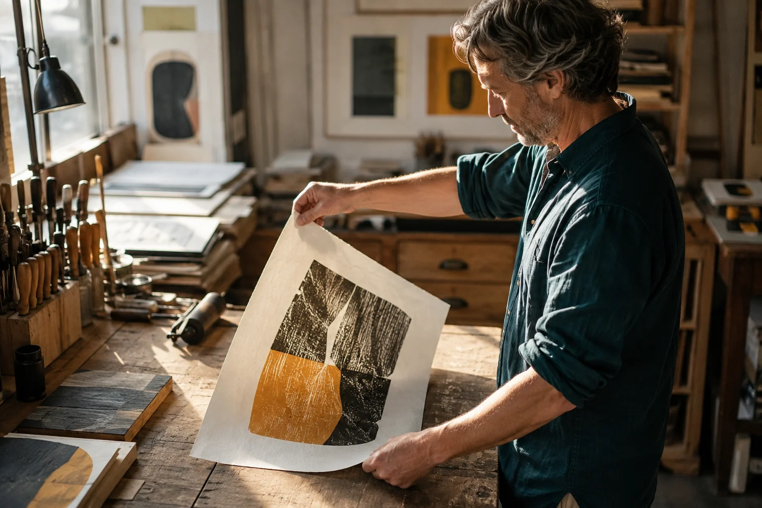 A mature man lifting an ochre and charcoal woodblock print in a sunlit studio