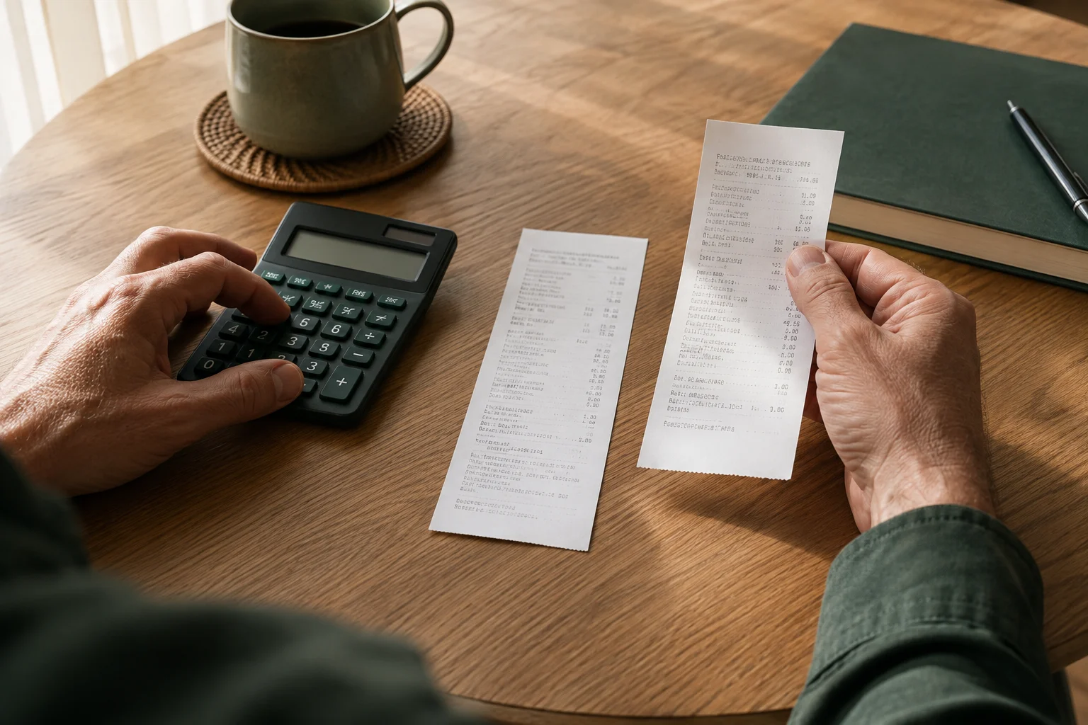 Hands comparing two purchase receipts beside a calculator on a wooden table